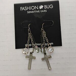 Fashion Bug Silver Tone Cross Dangle Earrings | New | Sensitive Ears